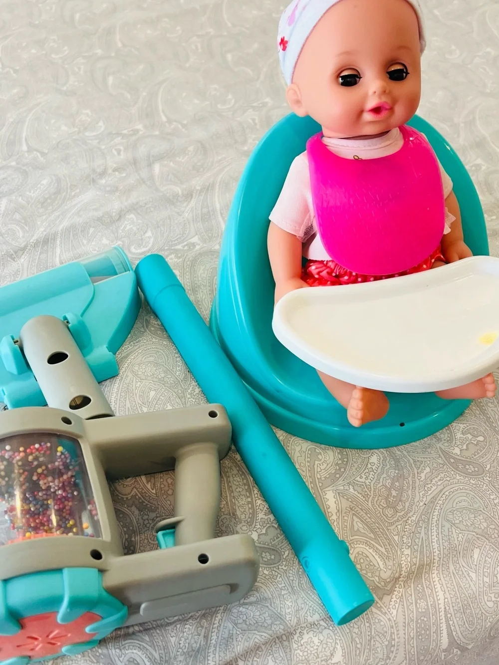 Baby Doll with Bright Pink Silicone Bib and Teal Seat & doll vacuum furniture